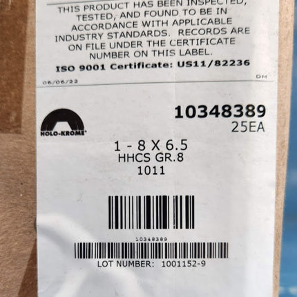 80021342 Holo-Krome HHCS 1" 8 x 6.5 Grade 8 Hex Head Capscrew Bearing Bolt 25 PCS