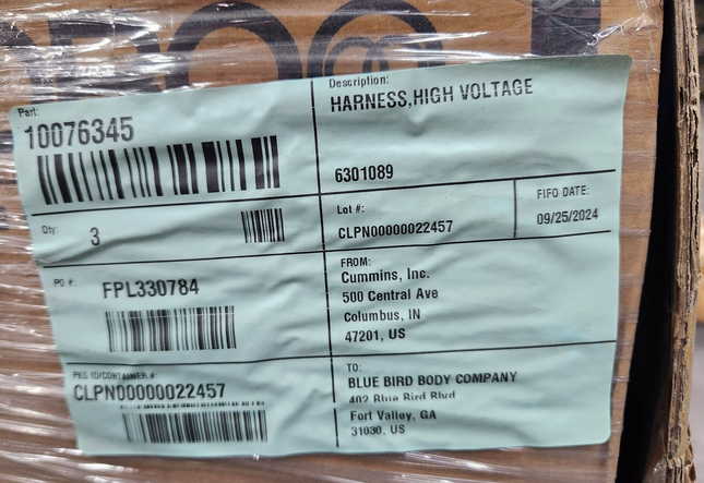 10076345 EV Charging Cable Harness High Voltage Cummins 6301089