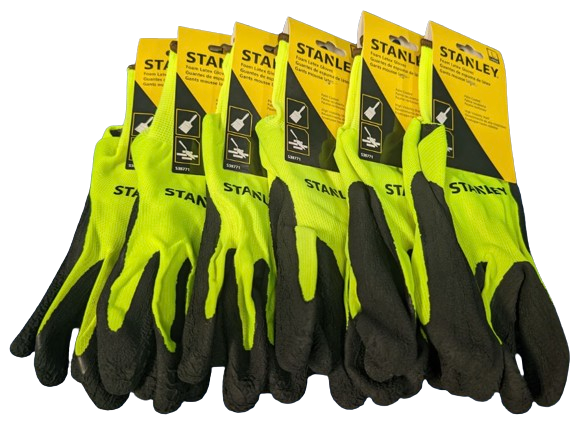 stanley gardening gloves Stanley Foam Latex Gloves Hi-Vis Work LARGE Paint Masonry Construction 6 Six Pairs