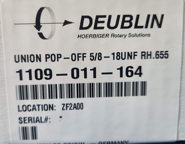 Deublin Union Pop-Off 1109-011-164 5/8" UNF RH 0.655" pilot 3/8" NPT