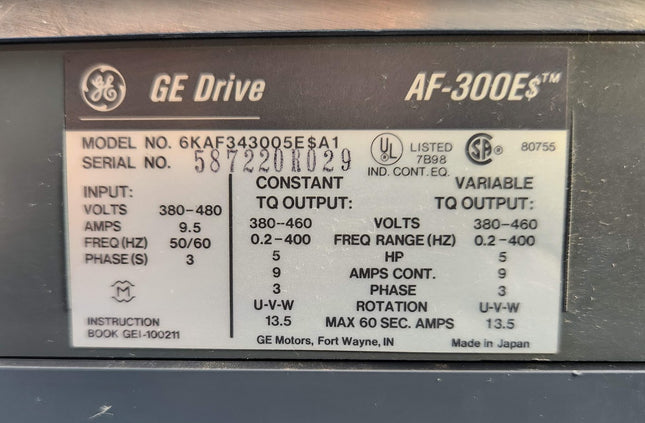 6KAF343005E$A1 GE Drive AF-300ES 9.5A 3PH 380-480V 50/60HZ