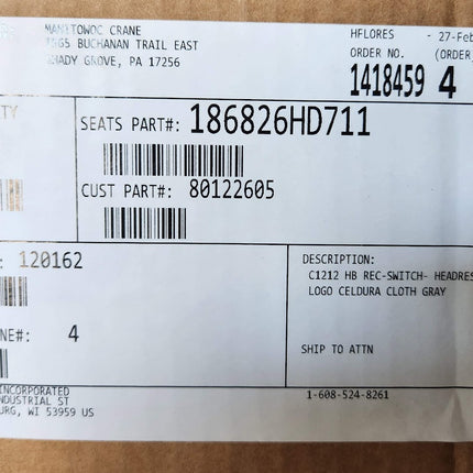 186826HD711 Seats Inc Manitowoc Equipment Seat Gray Cloth High Back Headrest