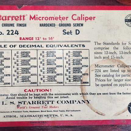 Starrett No. 224 Micrometer Set D Range 12" - 16" USED