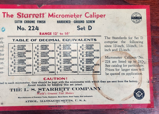 Starrett No. 224 Micrometer Set D Range 12" - 16" USED