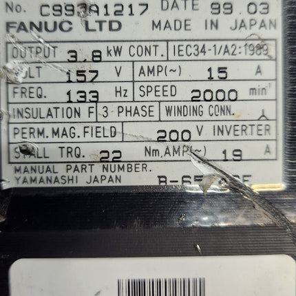 GE Fanuc AC Servo Motor A06B-0147-B175#7008 Model a22/2000 3.8 kW 157V 15A 133Hz