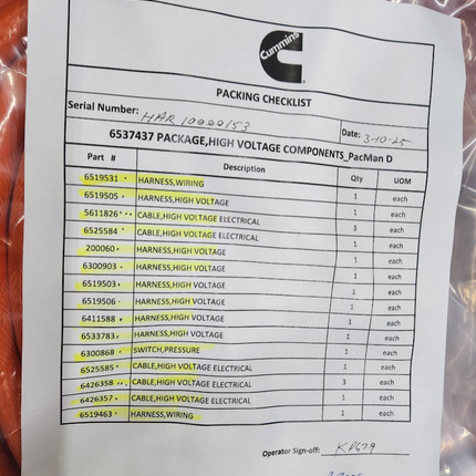 10082443 EV Package High Voltage Components Cummins 6537437 194 kWh T3RE