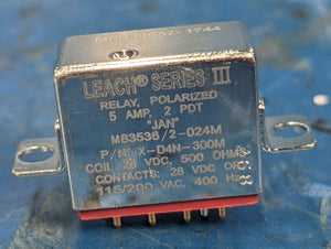 Leach Electromechanical Relay Polarized 5A 500 Ohm DPDT 28VDC Flange Military M83536/2-024M