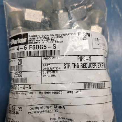 BAG OF (20) Parker 4-6 F5OG5-S SAE Adapter 4 SAE-ORB Male X 6 SAE-ORB Female Steel