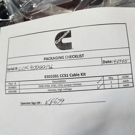 10076349 EV CCS1 Cable Charger High Voltage Cummins 6301091