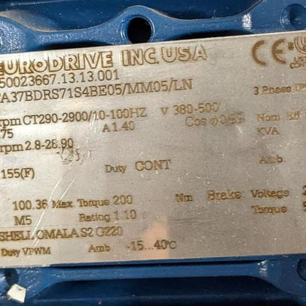 SEW Eurodrive Gear Motor 0.75 HP 3 Phase 100Hz 380-500V FA37BDRS71S4BE05/MM05/LN