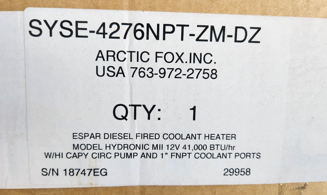 SYSE-4276NPT-ZM-DZ Arctic Fox Espar Diesel Fired Coolant Heater Kit 41,000 BTU 12,000 Watts