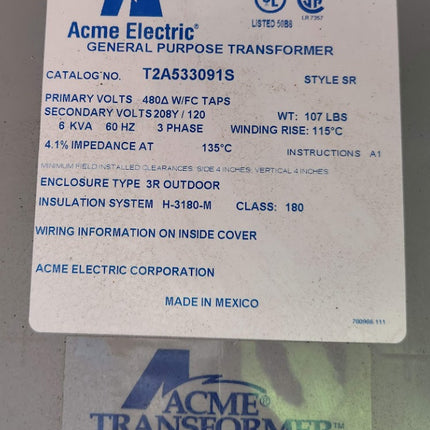 Acme Electric T2A533091S Three Phase Wall Mount Power Transformer 6kVA 480V T-2A-53309-1S