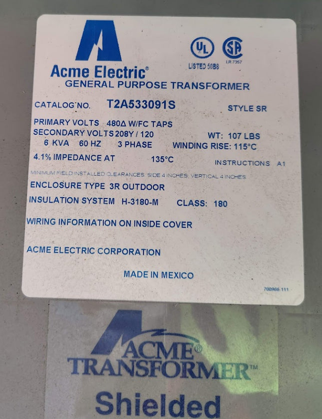 Acme Electric T2A533091S Three Phase Wall Mount Power Transformer 6kVA 480V T-2A-53309-1S