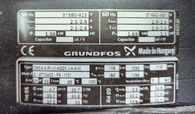 Grundfos CM5-4 A-R-I-V-AQQV J-A-A-N Horizontal End Suction Pump Motor 2.3HP