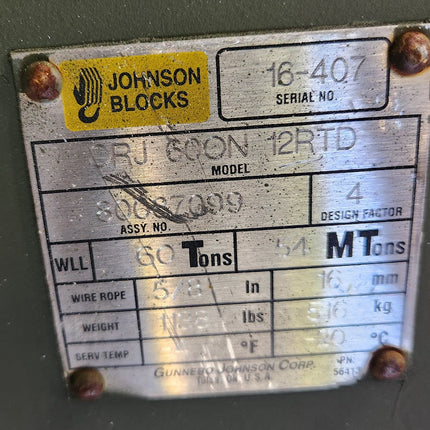 Johnson 60 ton 4-sheave 5/8" Wire Rope Hook Block RJ 60ON 12RTD