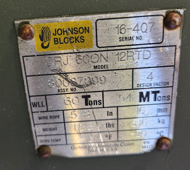 Johnson 60 ton 4-sheave 5/8" Wire Rope Hook Block RJ 60ON 12RTD