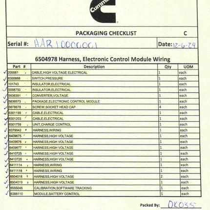 Cummins 6504978 EV Kit Harness ECM Wiring Electronic Control Module 10082218