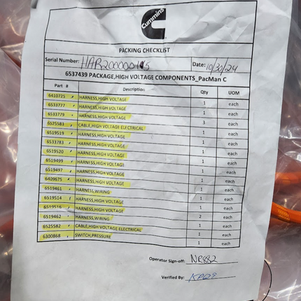 10082836 EV Kit Harness Package High Voltage Components Cummins 6537439 194 kWh