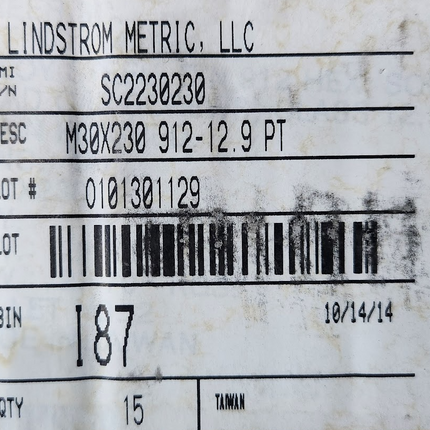 Lindstrom Metric M30 x 230mm 912-12.9PT Socket Head Cap Screw Plain Finished