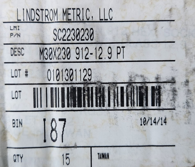 Lindstrom Metric M30 x 230mm 912-12.9PT Socket Head Cap Screw Plain Finished
