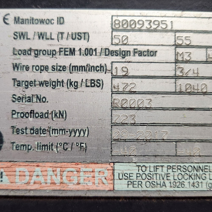 80093951 Manitowoc Hook Block 55 Ton WLL 4-Sheave 3/4" Wire Rope