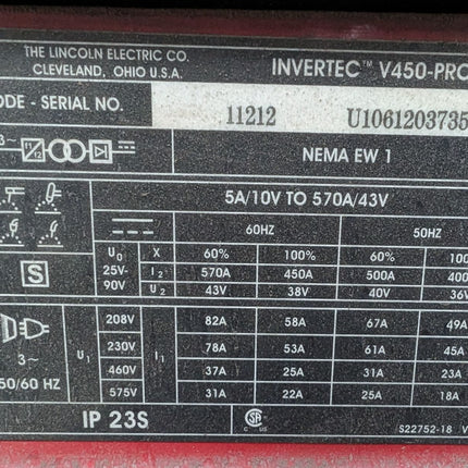 USED Lincoln Electric Invertec V450-PRO Welder with Needle Nose Clamp