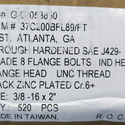 3/8 - 16 x 2" Grade 8 Flange Hex Head Bolt Black Zinc Plated - BOX of 100