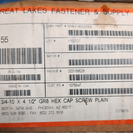 Box of 55 - 3/4"-10 X 4 1/2" Grade 8 Hex Head Cap Screw Black Plain