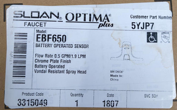 Sloan EBF-650 Optima Battery Powered Polished Chrome Sensor Activated Faucet 3315049