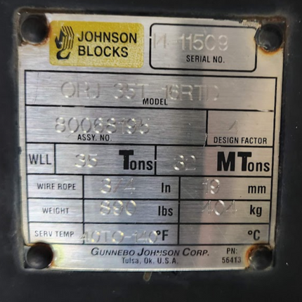 ORJ 35T 16RTD Johnson 35 Ton WLL Hook Block 3-Sheave 3/4" Wire Rope 80068195