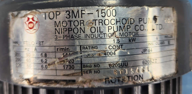 Nippon Motor Trichoid Pump TOP-3MF-1500 3-Phase Induction Motor Assembly