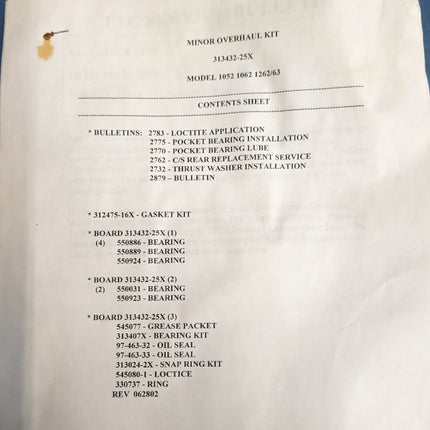 Spicer Transmission Minor Overhaul Kit 313432-25X Model 1052 1062 1262/63