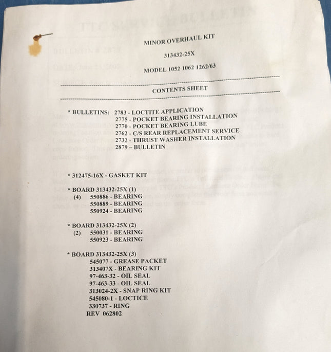 Spicer Transmission Minor Overhaul Kit 313432-25X Model 1052 1062 1262/63