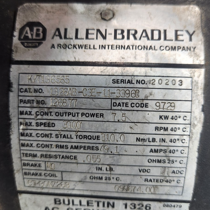 Allen Bradley Rockwell 1326AB-C3E-11-3396C AC Servo Motor 3000RPM 7.5kW AB Bulletin 1326