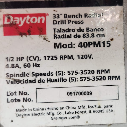 Dayton 33" Radial Bench Drill Press Belt Drive 1/2 hp 120 V 5 Speed 40PM15