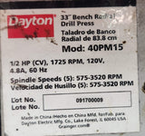 Dayton 33" Radial Bench Drill Press Belt Drive 1/2 hp 120 V 5 Speed 40PM15