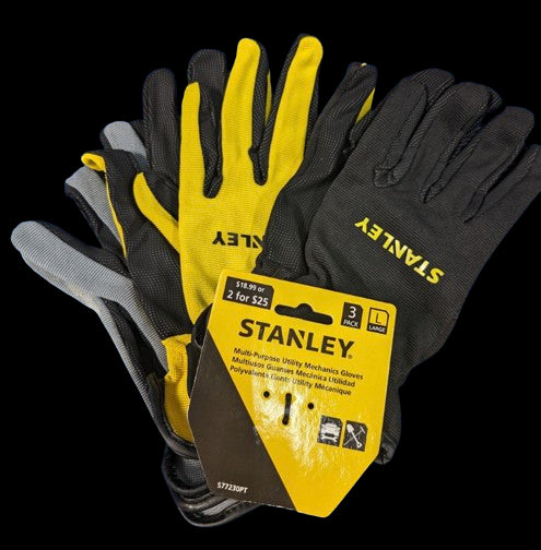 Stanley Multi-Purpose Utility Mechanics Gloves LARGE Black Yellow Gray CASE of 108 Pairs