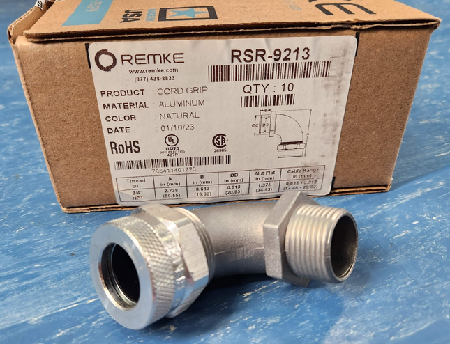 Remke RSR-9213 Tuff-Seal Cord Grip 90 Degree 3/4" Aluminum Box of 10