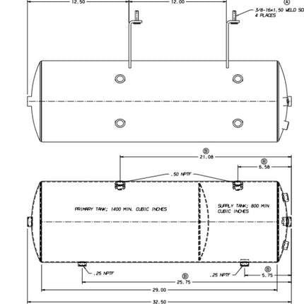 Air Brake Tank Reservoir 10” x 32.5” Steel Wet Primary w/ Brackets 150 PSI Blue Bird Bus Truck