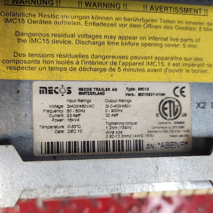 IMC15 Mecos Traxler AG BG10837-01NH Magnetic Bearing Motor Drive Controller