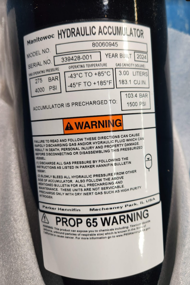 Manitowoc Hydraulic Brake Piston Accumulator 80060945 for Grove RT890E