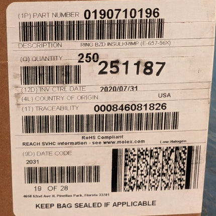 Molex 190710196 Ring Tongue Terminal InsulKrimp 657 Series 5/16” Stud 6 AWG BOX of 250