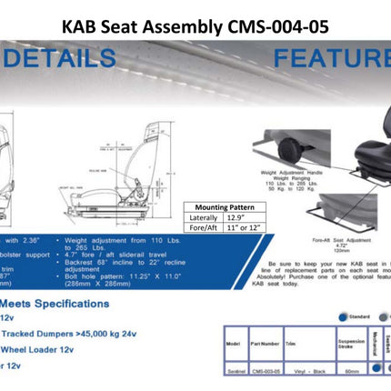 KAB Sentinel Wide Mounting Off Road Equipment Seat Mechanical Suspension Mid Back Black Vinyl