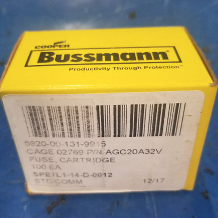 BOX of 100 Bussman BUSS AGC20A Cartridge Fuse Glass Fuse Fast Acting AGC20A32V