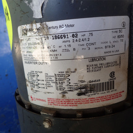 Used Magnatek Century AC Motor 10-186691-02 .75HP 200-230/460V - getexcess