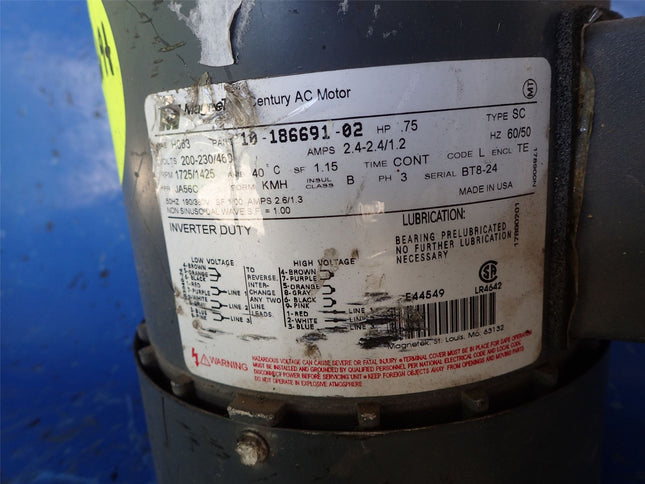 Used Magnatek Century AC Motor 10-186691-02 .75HP 200-230/460V - getexcess