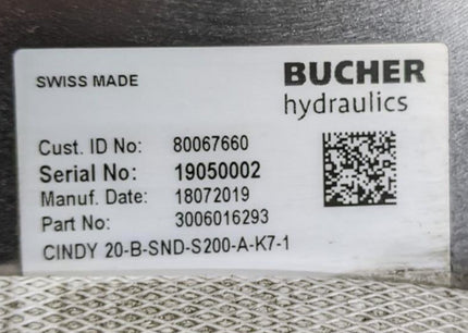 Bucher CINDY 20-B Leak-Free Load-Control Balance Motor Control Valve Grove Hoist