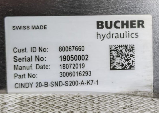 Bucher CINDY 20-B Leak-Free Load-Control Balance Motor Control Valve Grove Hoist
