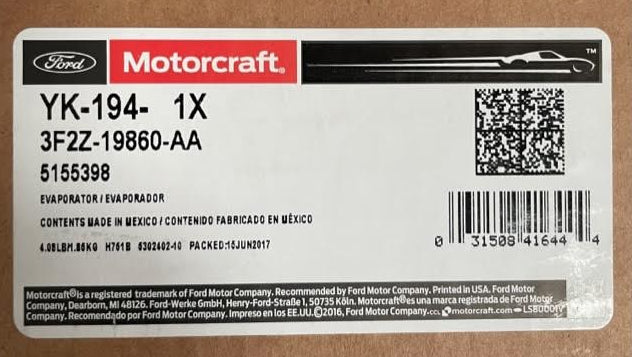Motorcraft Evaporator Core Assembly YK-194 Genuine OEM 3F2Z-19860-AA